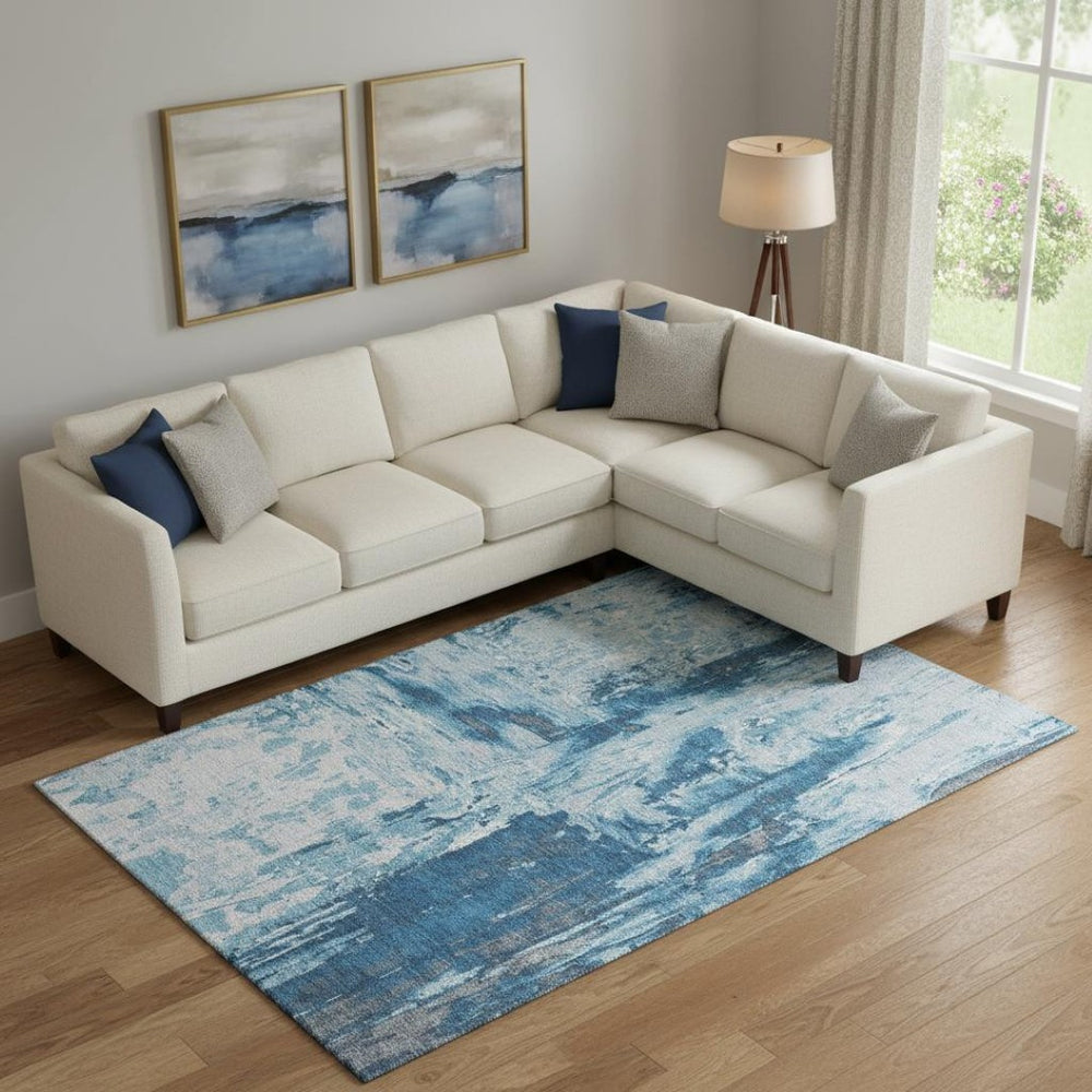 HomeRoots 9' X 12' Denim Blue Abstract Area Rug - Stain-Resistant, UV Protected, Machine-Washable Comfort 693143