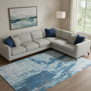 HomeRoots 10' X 14' Abstract Denim Blue, Silver & Gray Washable Area Rug with UV Protection for Homes 693144