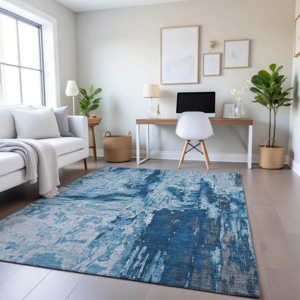 HomeRoots 10' X 14' Abstract Denim Blue, Silver & Gray Washable Area Rug with UV Protection for Homes 693144