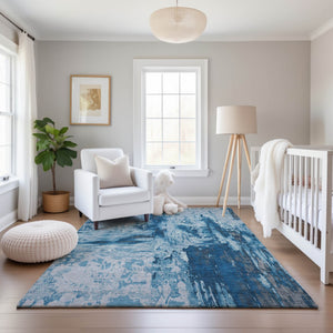 HomeRoots 10' X 14' Abstract Denim Blue, Silver & Gray Washable Area Rug with UV Protection for Homes 693144