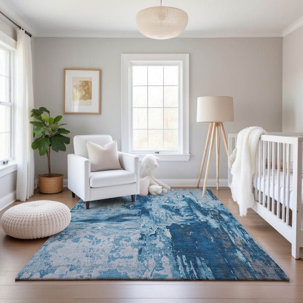 HomeRoots 10' X 14' Abstract Denim Blue, Silver & Gray Washable Area Rug with UV Protection for Homes 693144