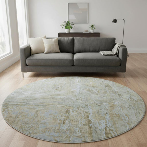 HomeRoots 8' X 8' Khaki and Silver Modern Abstract Round Rug - Washable, UV Protected, Stain-Resistant, Durable 693147
