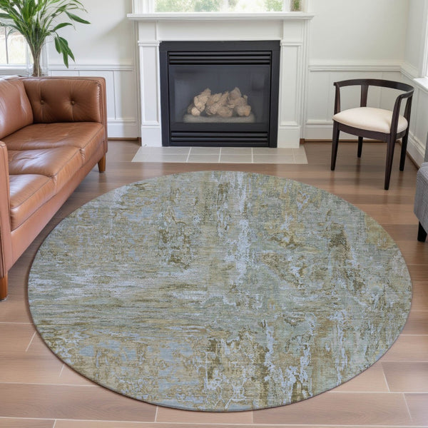 HomeRoots 8' X 8' Khaki and Silver Modern Abstract Round Rug - Washable, UV Protected, Stain-Resistant, Durable 693147