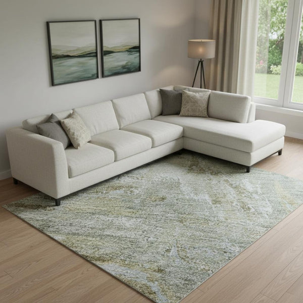HomeRoots 9' X 12' Khaki & Silver Abstract Area Rug - Washable, UV Protected, Soft, Modern Design for Homes 693149