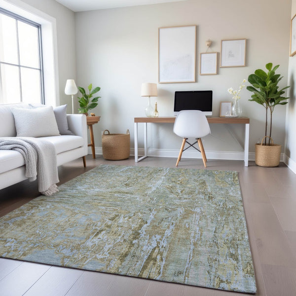 HomeRoots 9' X 12' Khaki & Silver Abstract Area Rug - Washable, UV Protected, Soft, Modern Design for Homes 693149
