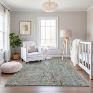 HomeRoots 9' X 12' Khaki & Silver Abstract Area Rug - Washable, UV Protected, Soft, Modern Design for Homes 693149
