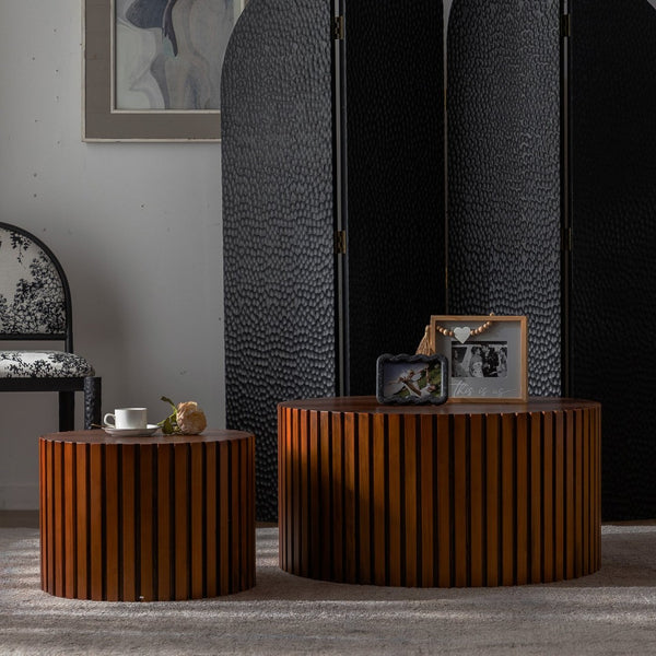 English Elm Round Wood Coffee Table - Stylish Walnut Finish For Small Spaces, Fully Assembled, Safe & Durable W3081P255018-GIGA