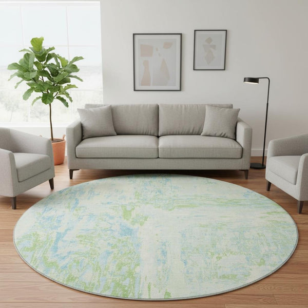 HomeRoots 8' Mint Green & Blue Abstract Round Rug - Washable, UV-Protected, Stain-Resistant for Modern Spaces 693153