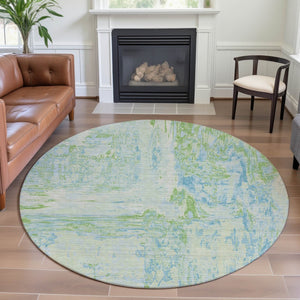 HomeRoots 8' Mint Green & Blue Abstract Round Rug - Washable, UV-Protected, Stain-Resistant for Modern Spaces 693153