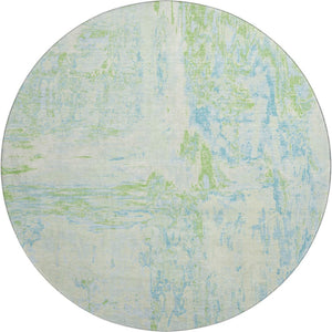 HomeRoots 8' Mint Green & Blue Abstract Round Rug - Washable, UV-Protected, Stain-Resistant for Modern Spaces 693153