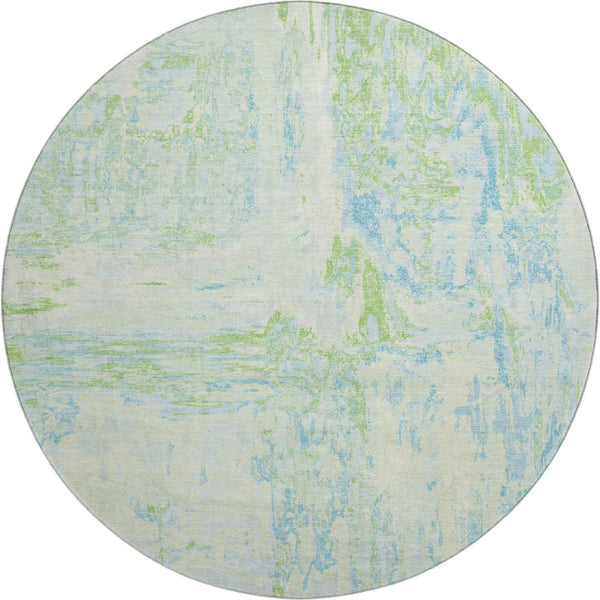 HomeRoots 8' Mint Green & Blue Abstract Round Rug - Washable, UV-Protected, Stain-Resistant for Modern Spaces 693153