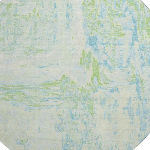 HomeRoots 8' Mint Green & Blue Abstract Round Rug - Washable, UV-Protected, Stain-Resistant for Modern Spaces 693153