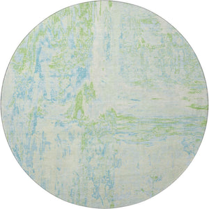 HomeRoots 8' Mint Green & Blue Abstract Round Rug - Washable, UV-Protected, Stain-Resistant for Modern Spaces 693153
