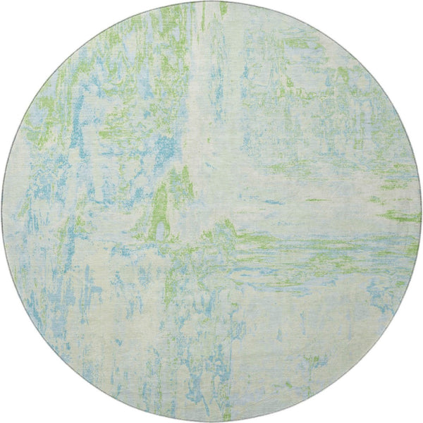 HomeRoots 8' Mint Green & Blue Abstract Round Rug - Washable, UV-Protected, Stain-Resistant for Modern Spaces 693153