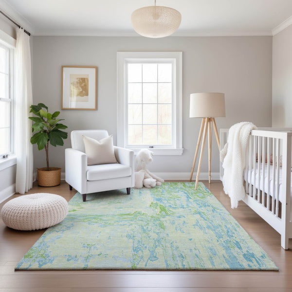 HomeRoots 8' Mint Green & Blue Abstract Area Rug – Durable, Washable, UV-Protected for Stylish Spaces! 693154