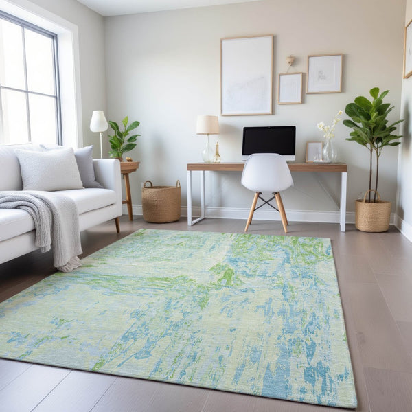 HomeRoots 9' X 12' Mint Green and Blue Abstract Area Rug - Washable, UV Protected, Perfect for Busy Homes! 693155