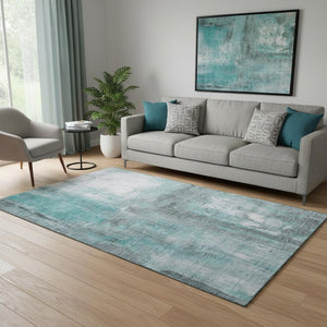 HomeRoots 5' X 8' Teal Gray Silver Abstract Washable Area Rug - UV Protected, Stain Resistant & Non-Slip Design 693158