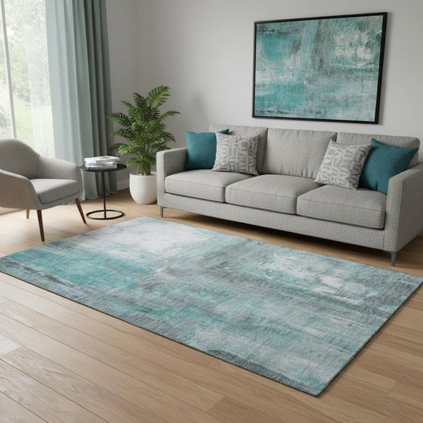 HomeRoots 5' X 8' Teal Gray Silver Abstract Washable Area Rug - UV Protected, Stain Resistant & Non-Slip Design 693158