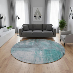 HomeRoots 8' X 8' Teal Gray Silver Abstract Rug - Washable, UV-Resistant, Non-Slip, Perfect for High Traffic Areas 693159