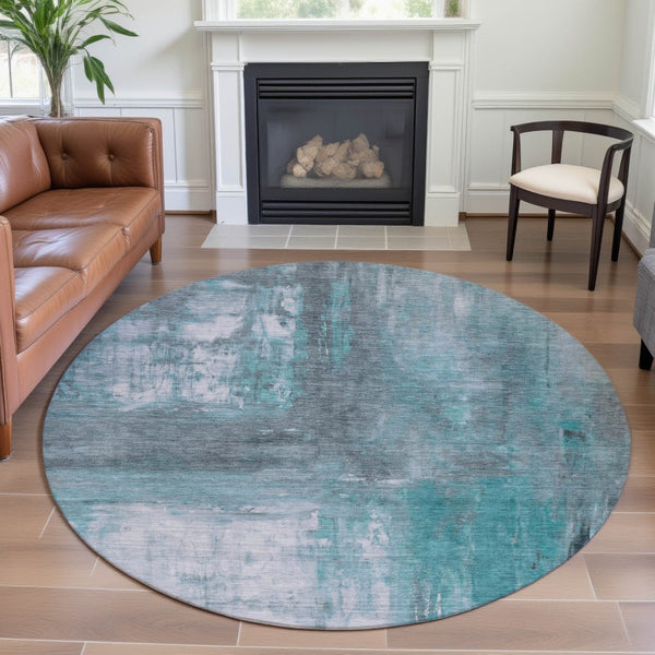 HomeRoots 8' X 8' Teal Gray Silver Abstract Rug - Washable, UV-Resistant, Non-Slip, Perfect for High Traffic Areas 693159