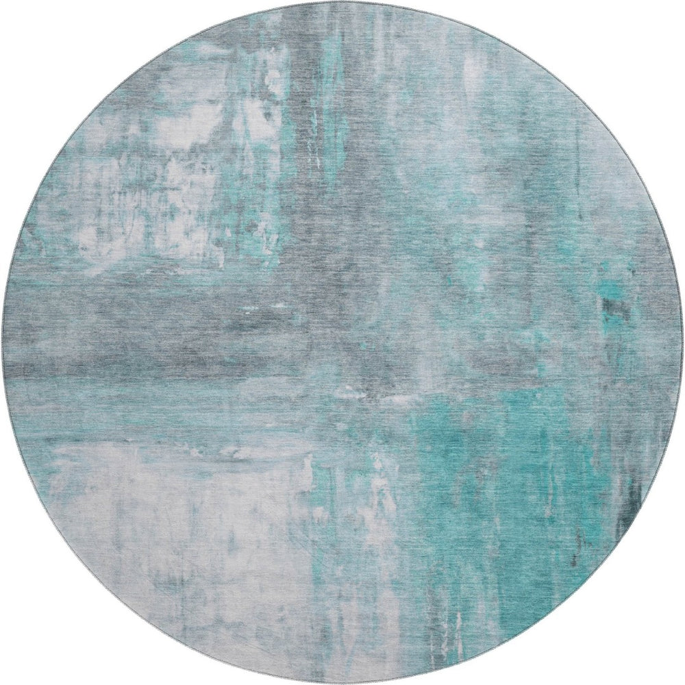 HomeRoots 8' X 8' Teal Gray Silver Abstract Rug - Washable, UV-Resistant, Non-Slip, Perfect for High Traffic Areas 693159