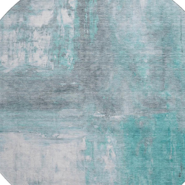 HomeRoots 8' X 8' Teal Gray Silver Abstract Rug - Washable, UV-Resistant, Non-Slip, Perfect for High Traffic Areas 693159