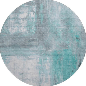 HomeRoots 8' X 8' Teal Gray Silver Abstract Rug - Washable, UV-Resistant, Non-Slip, Perfect for High Traffic Areas 693159