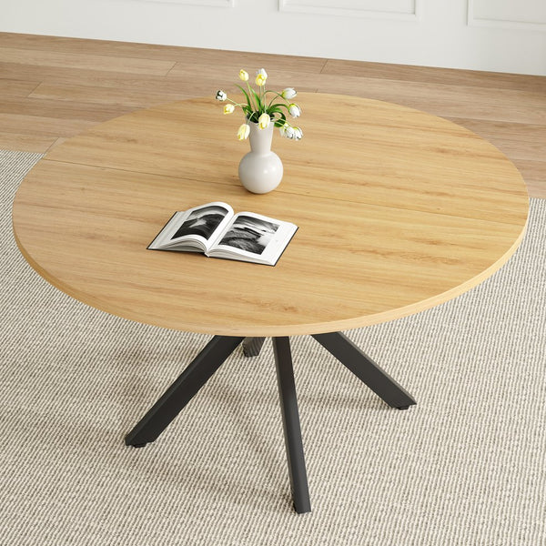English Elm 47 Inch Round Dining Table For 4-6 People, Mid-Century Modern Style, Sturdy Wood & Metal Design T3623P380336