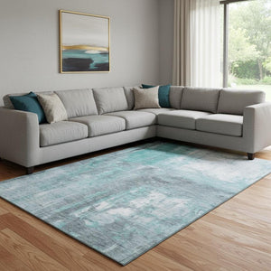 HomeRoots 8' Teal Gray and Silver Abstract Area Rug - Durable, Washable, UV Protected for Modern Living Spaces 693160