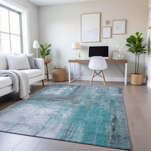 HomeRoots 9' X 12' Teal Gray Silver Abstract Washable Area Rug - Stain-Resistant, UV-Protected, Stylish Decor 693161