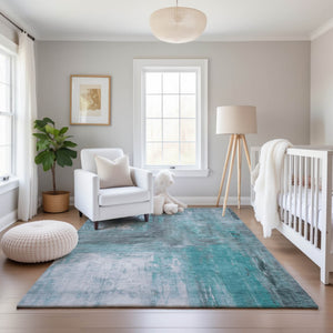 HomeRoots 9' X 12' Teal Gray Silver Abstract Washable Area Rug - Stain-Resistant, UV-Protected, Stylish Decor 693161