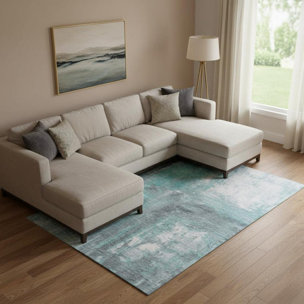 HomeRoots 10' X 14' Stylish Teal Gray Silver Washable Area Rug with UV Protection for Homes with Kids & Pets 693162