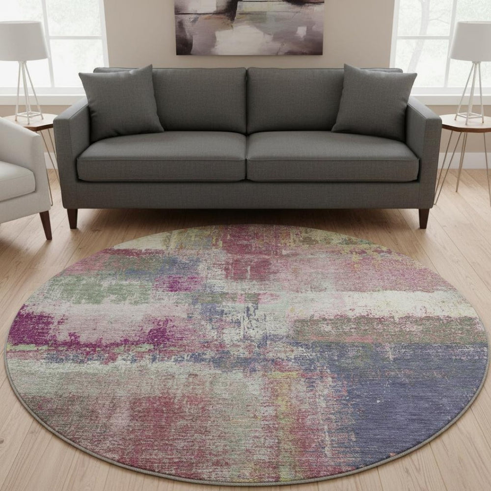HomeRoots 8' X 8' Blush Purple and Gray Abstract Washable Round Rug with UV Protection for Modern Spaces 693165