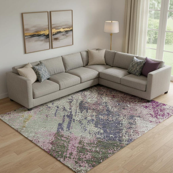 HomeRoots 10' X 14' Blush Purple & Gray Abstract Washable Rug - Durable, Stain Resistant with UV Protection! 693168