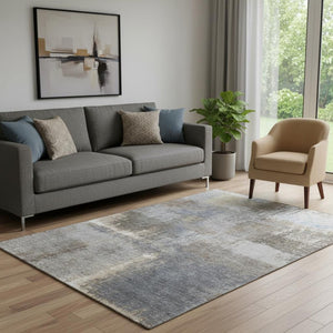 HomeRoots 5' X 8' Khaki, Silver & Blue Abstract Washable Area Rug - UV Protection & Easy Care for Homes 693170