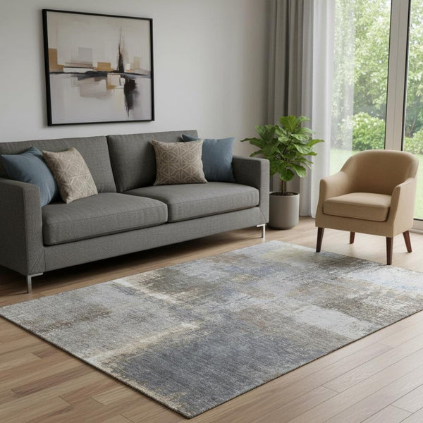 HomeRoots 5' X 8' Khaki, Silver & Blue Abstract Washable Area Rug - UV Protection & Easy Care for Homes 693170