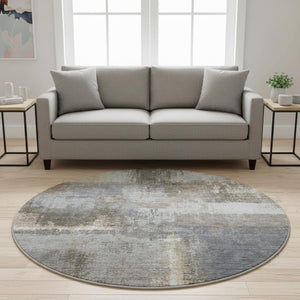 HomeRoots 8' X 8' Contemporary Khaki Silver Blue Abstract Washable Round Rug with UV Protection & Durability 693171