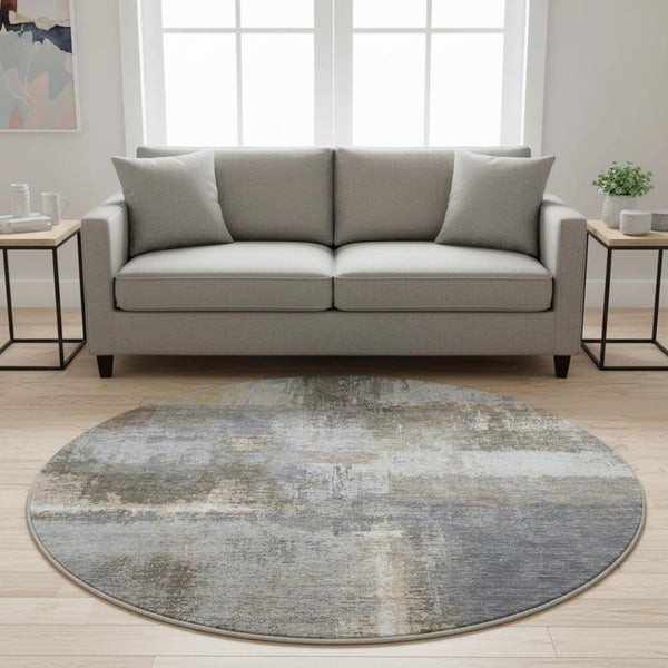 HomeRoots 8' X 8' Contemporary Khaki Silver Blue Abstract Washable Round Rug with UV Protection & Durability 693171