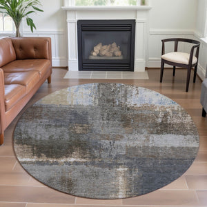 HomeRoots 8' X 8' Contemporary Khaki Silver Blue Abstract Washable Round Rug with UV Protection & Durability 693171