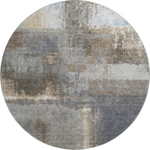 HomeRoots 8' X 8' Contemporary Khaki Silver Blue Abstract Washable Round Rug with UV Protection & Durability 693171