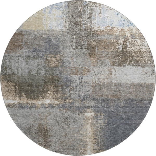 HomeRoots 8' X 8' Contemporary Khaki Silver Blue Abstract Washable Round Rug with UV Protection & Durability 693171