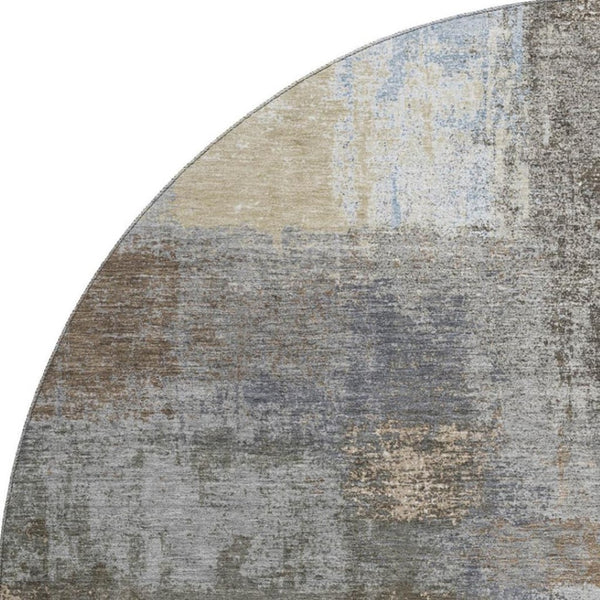 HomeRoots 8' X 8' Contemporary Khaki Silver Blue Abstract Washable Round Rug with UV Protection & Durability 693171