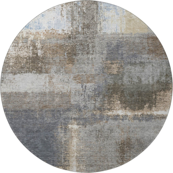 HomeRoots 8' X 8' Contemporary Khaki Silver Blue Abstract Washable Round Rug with UV Protection & Durability 693171