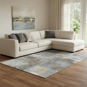 HomeRoots 8' Modern Abstract Washable Area Rug in Khaki, Silver & Blue – UV Protected, Durable & Stylish 693172