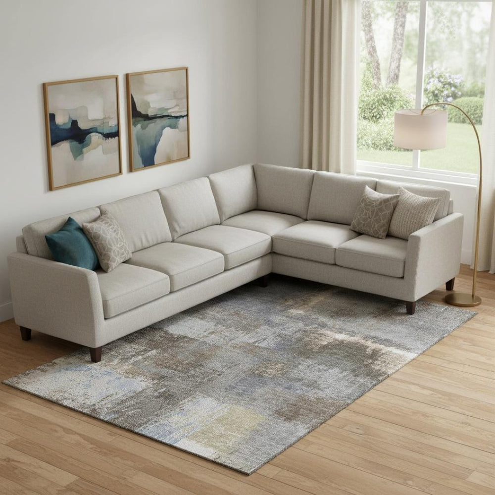 HomeRoots 9' X 12' Khaki Silver & Blue Abstract Area Rug - Washable, UV Protected, Perfect for High-Traffic Spaces 693173