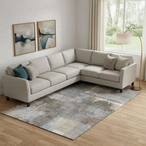 HomeRoots 9' X 12' Khaki Silver & Blue Abstract Area Rug - Washable, UV Protected, Perfect for High-Traffic Spaces 693173