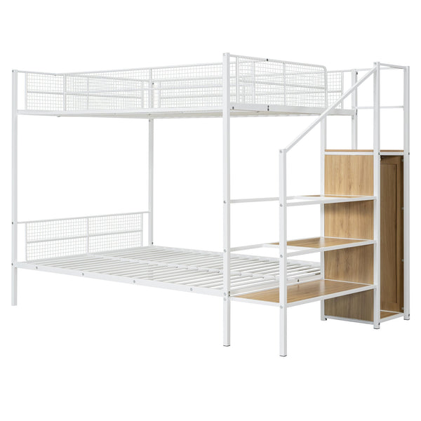 English Elm Twin Over Full Metal Bunk Bed with Trundle, Step Ladder Storage, Wardrobe & Wire Shelving, Durable Frame White SF000172AAK