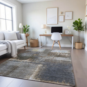 HomeRoots 10' Contemporary Khaki Silver & Blue Abstract Washable Area Rug with UV Protection for Indoor/Outdoor Use 693174