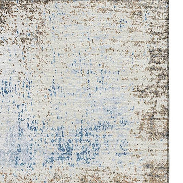 HomeRoots 10' Contemporary Khaki Silver & Blue Abstract Washable Area Rug with UV Protection for Indoor/Outdoor Use 693174