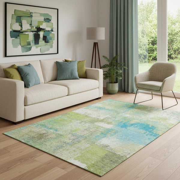 HomeRoots 5' Vibrant Lime Green Teal Ivory Abstract Area Rug - Washable, UV Protected, Ideal for Homes with Kids 693176